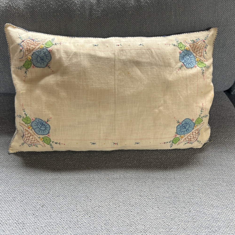 Vintage Handmade Needlepoint Multicolor Pillow, Flowers, Size 9" x 15" Down Fill - Picture 2 of 16